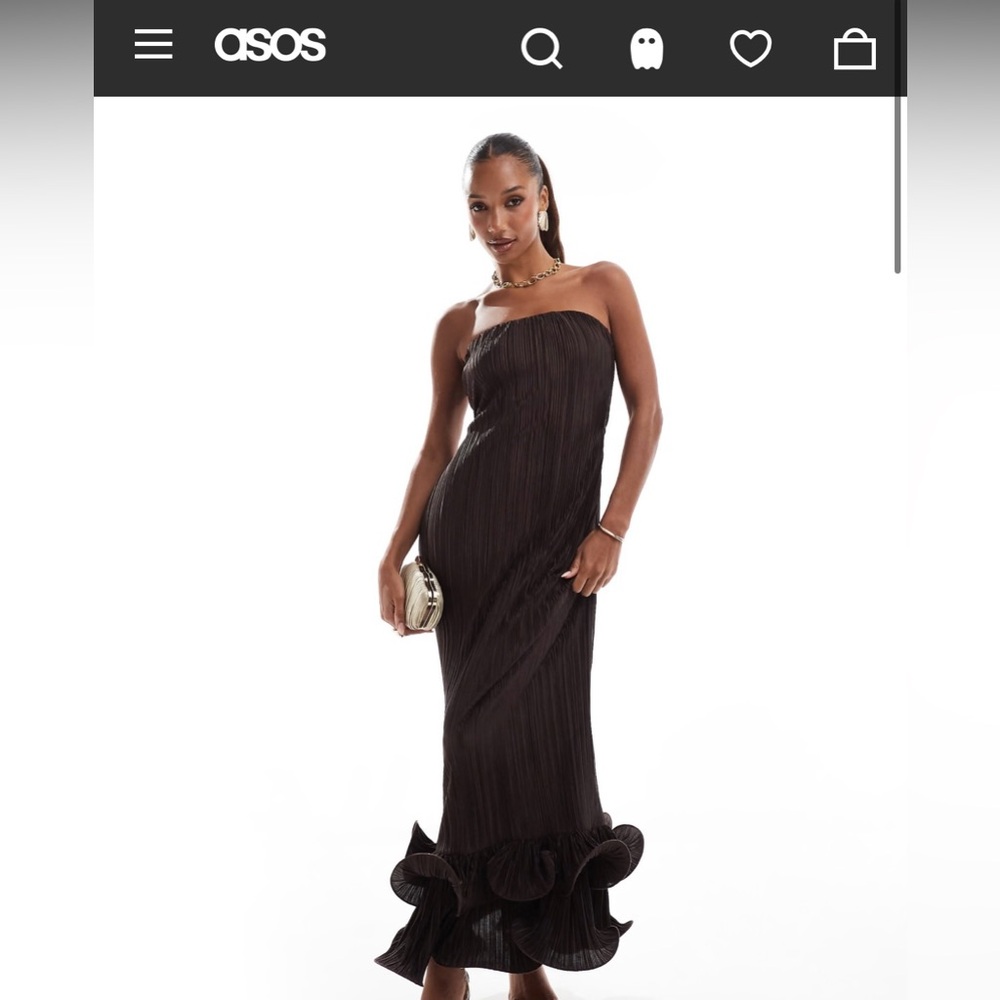 ASOS bandeau plisse maxi dress with dramatic curly hem in chocolate brown. US 6